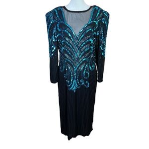 A.J. Bari Black Dress with Teal Sequin Accents